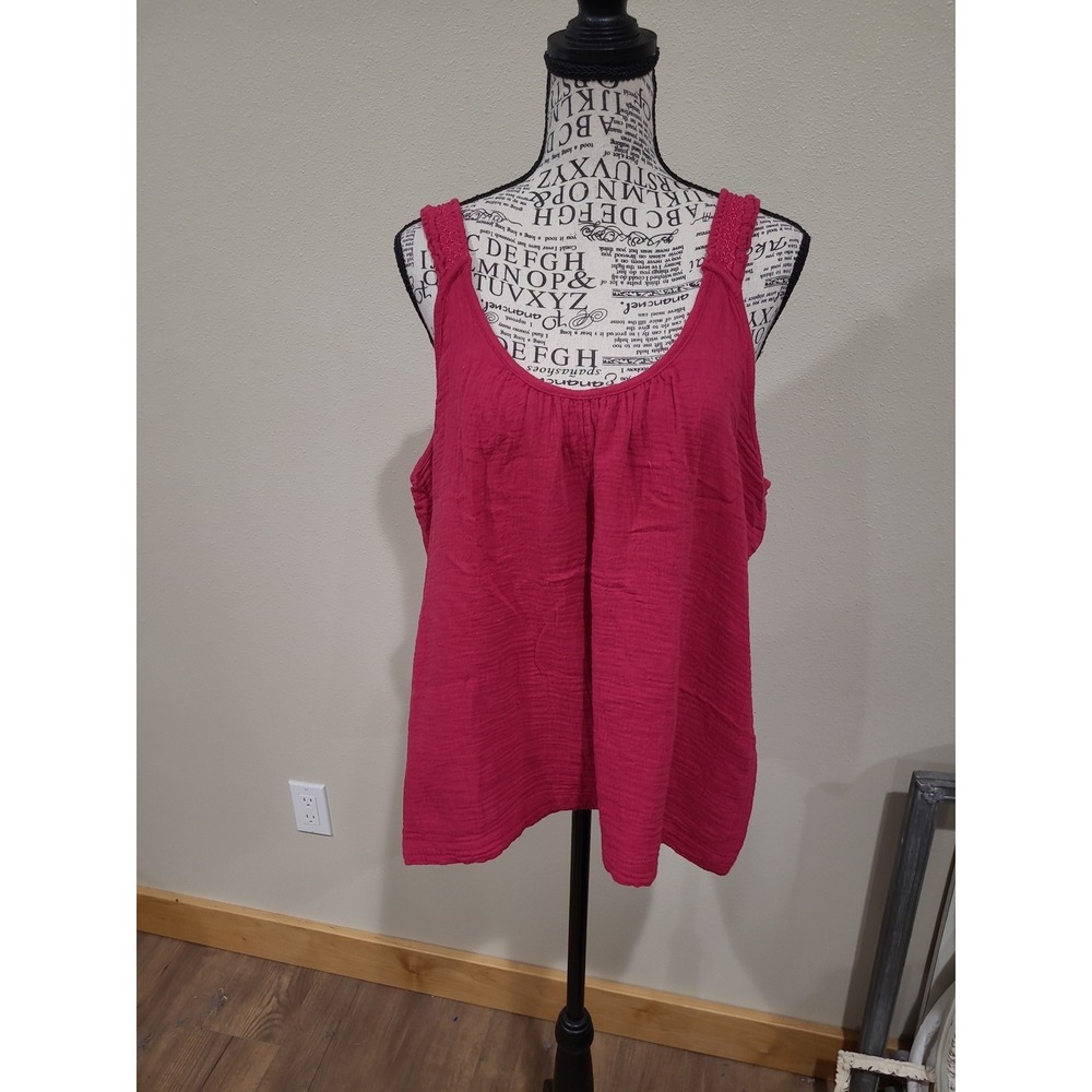 Sundance guazy cotton Fuschia Tank Top embroidery scoop neck Women SZ L Boho